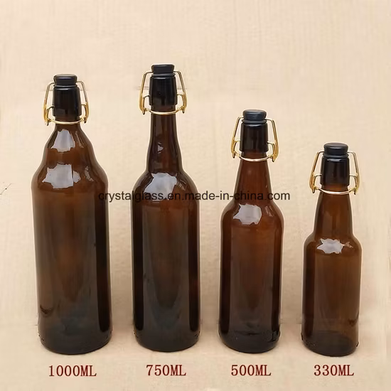 ロングネックとクラウンキャップ付きの500ml丸型ガラスビール瓶